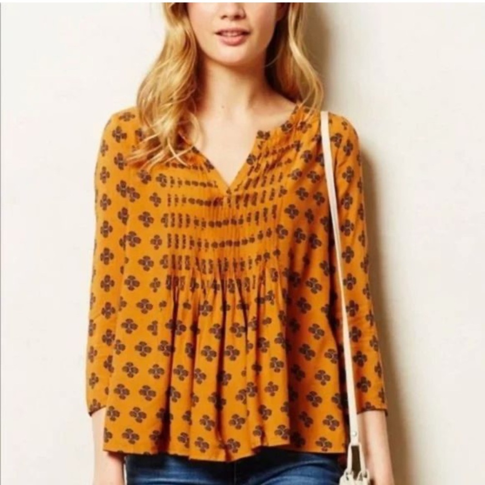 Anthropologie Vanessa Virginia Mahdia Orange and Blue Peasant Top size 8